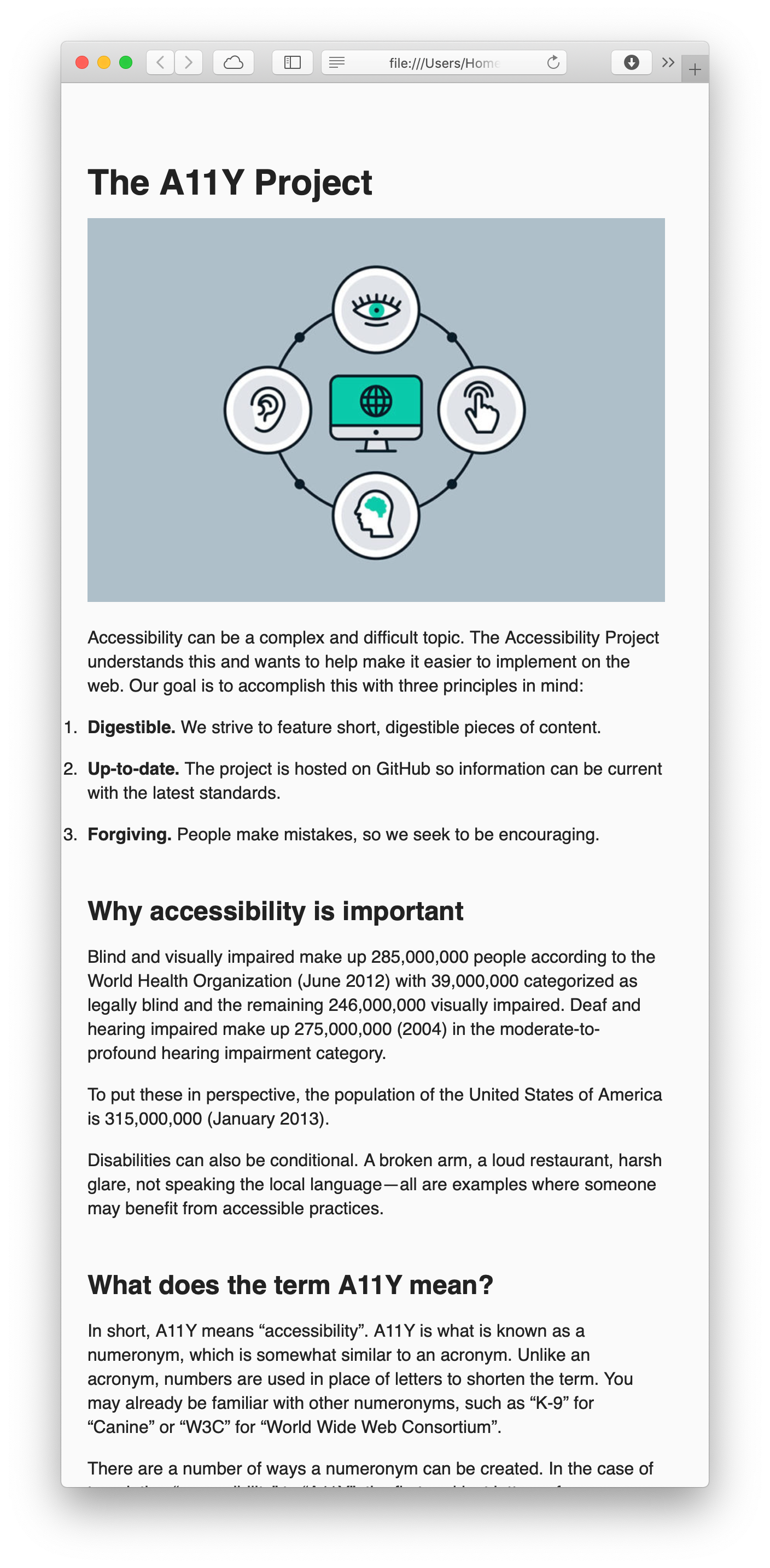 A11y page, top of mobile view.