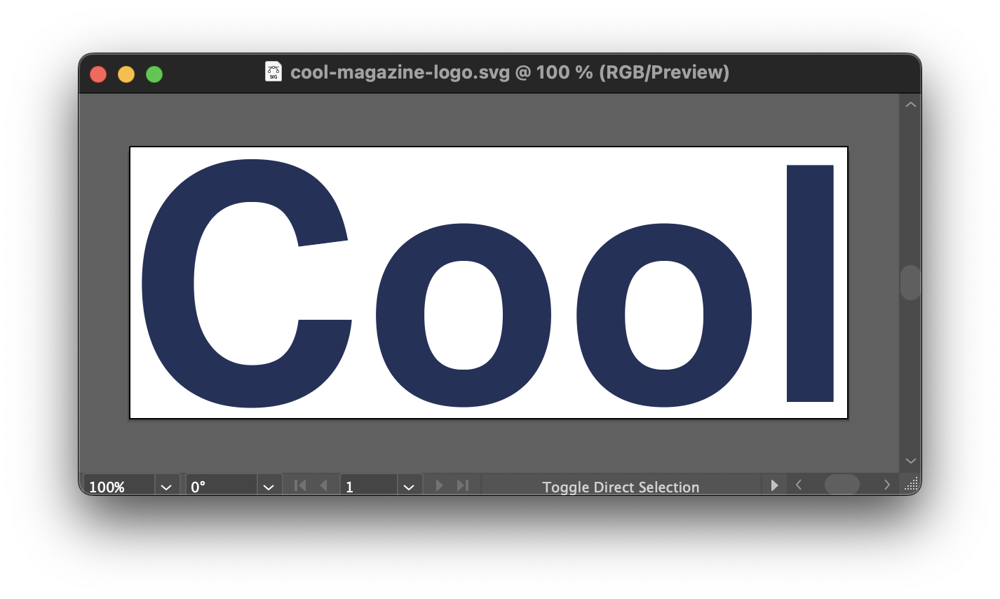 The word “Cool” written in dark blue on a sans-serif typeface on an artboard in Adobe Illustrator