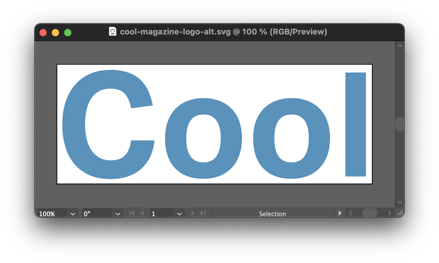 The word “Cool” written in light blue on a sans-serif typeface on an artboard in Adobe Illustrator