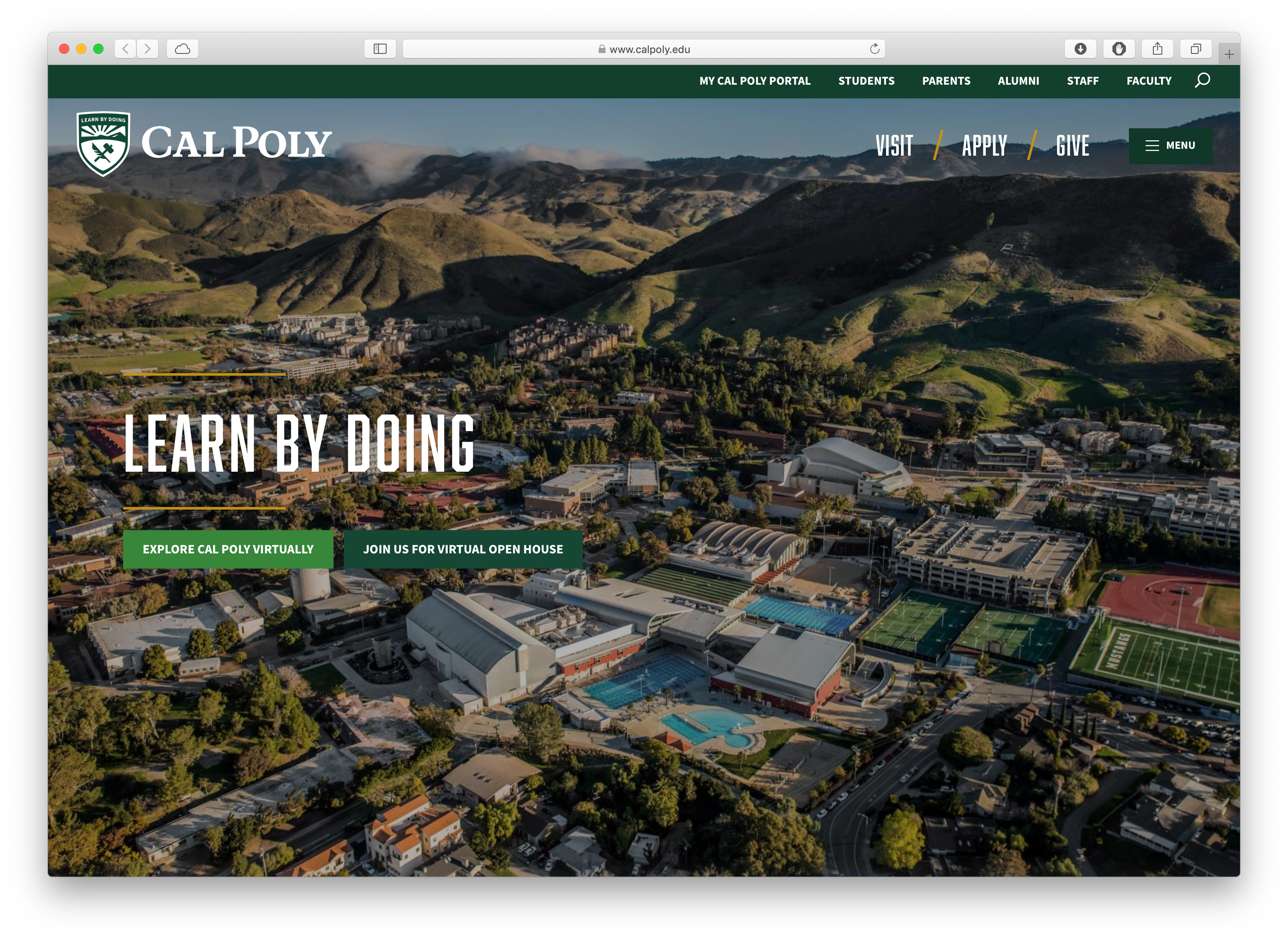 Cal Poly home page on a browser window with no other tab showing and a subtle drop shadow around the frame.