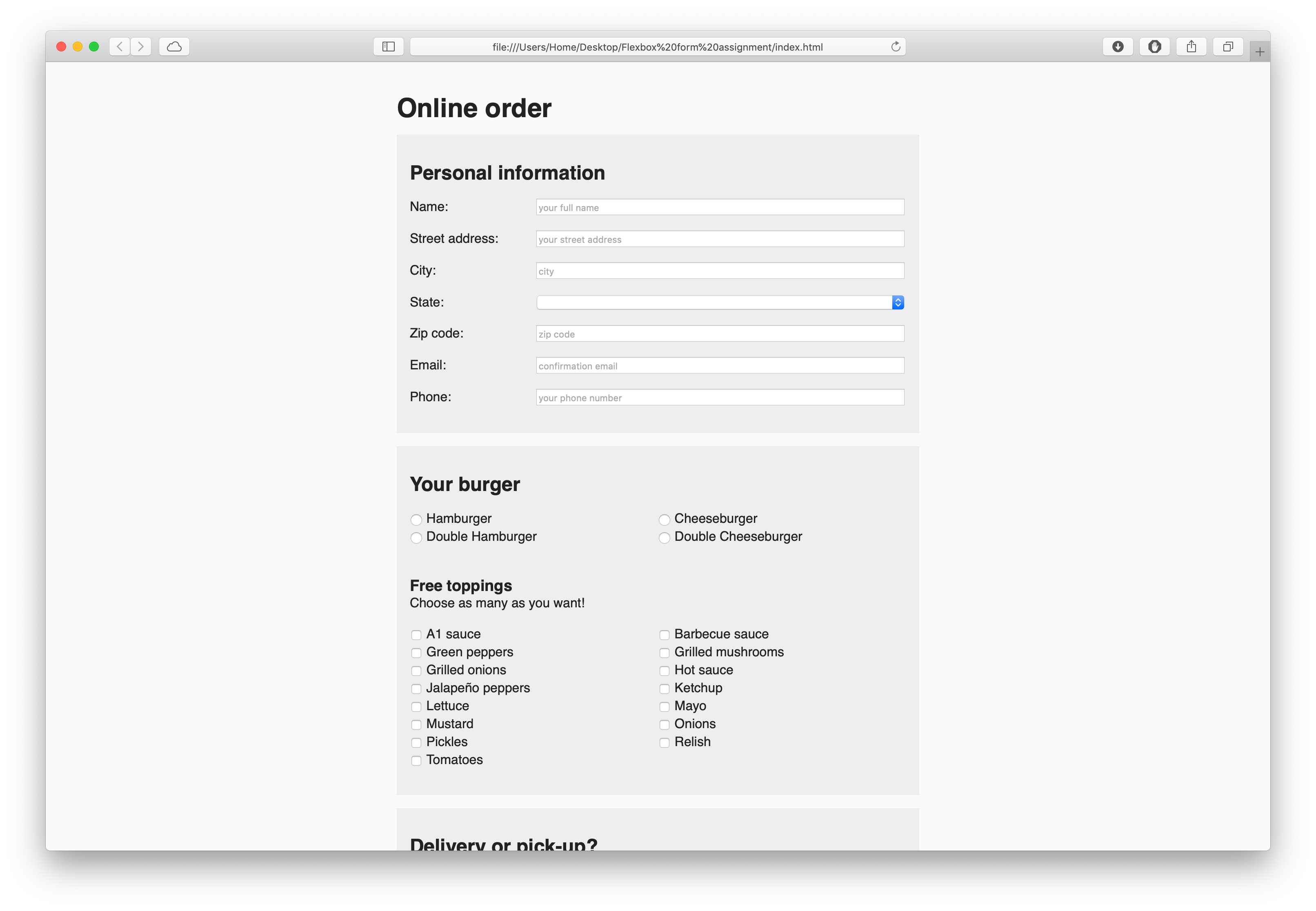 Webpage with a form to order a burger, top of desktop view.