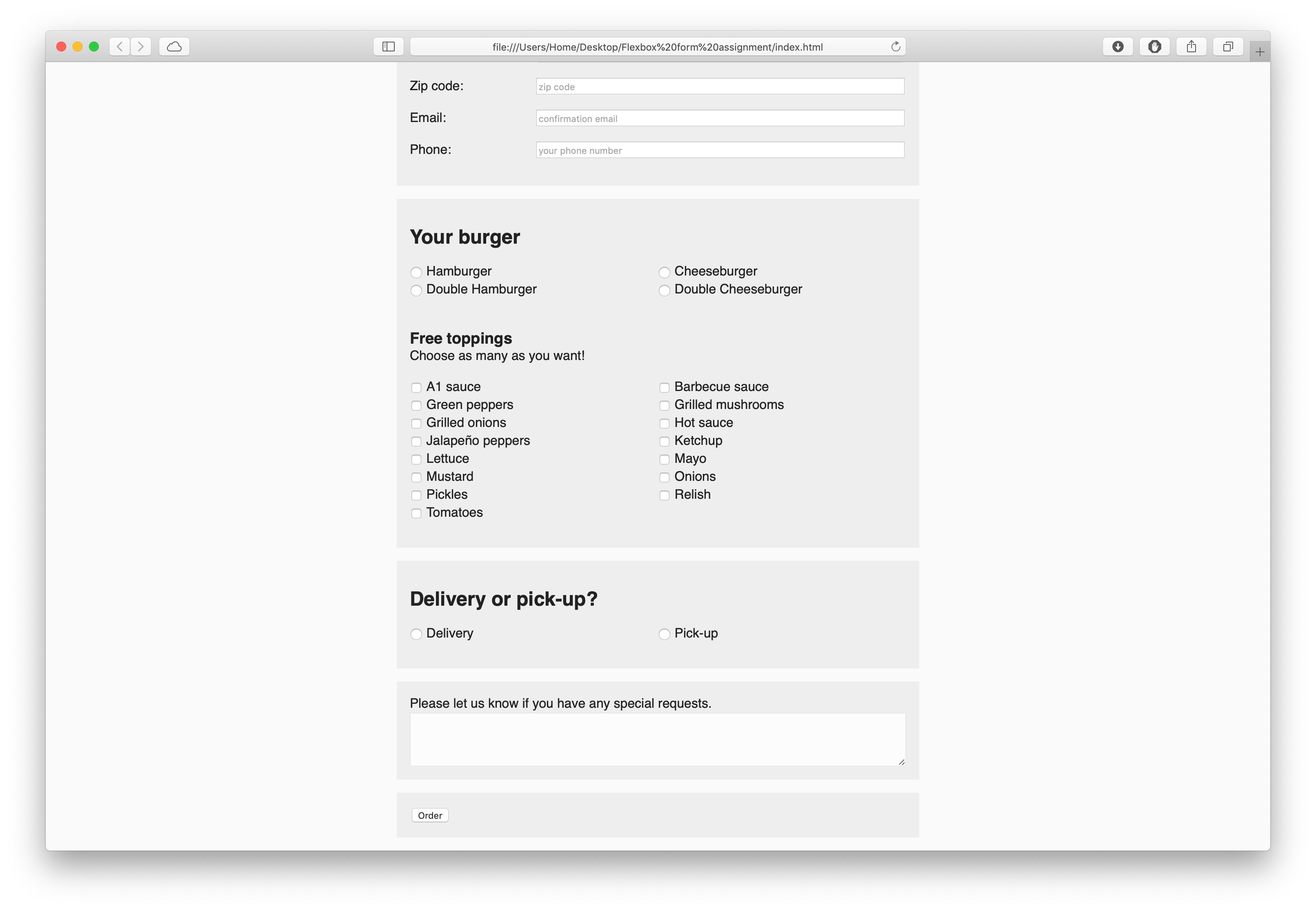 Webpage with a form to order a burger, bottom of desktop view.