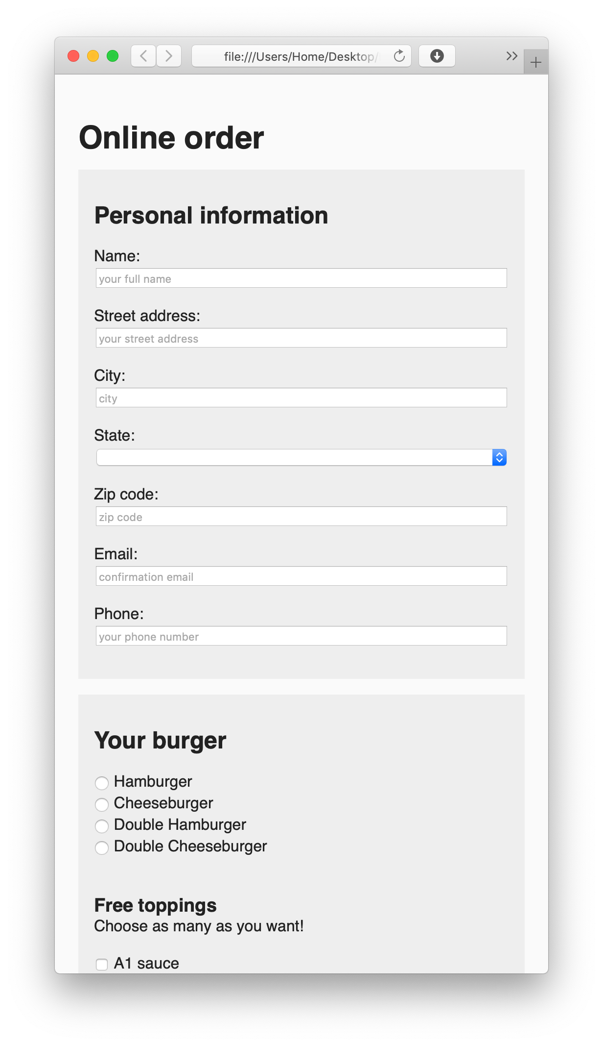 Webpage with a form to order a burger, top of mobile view.