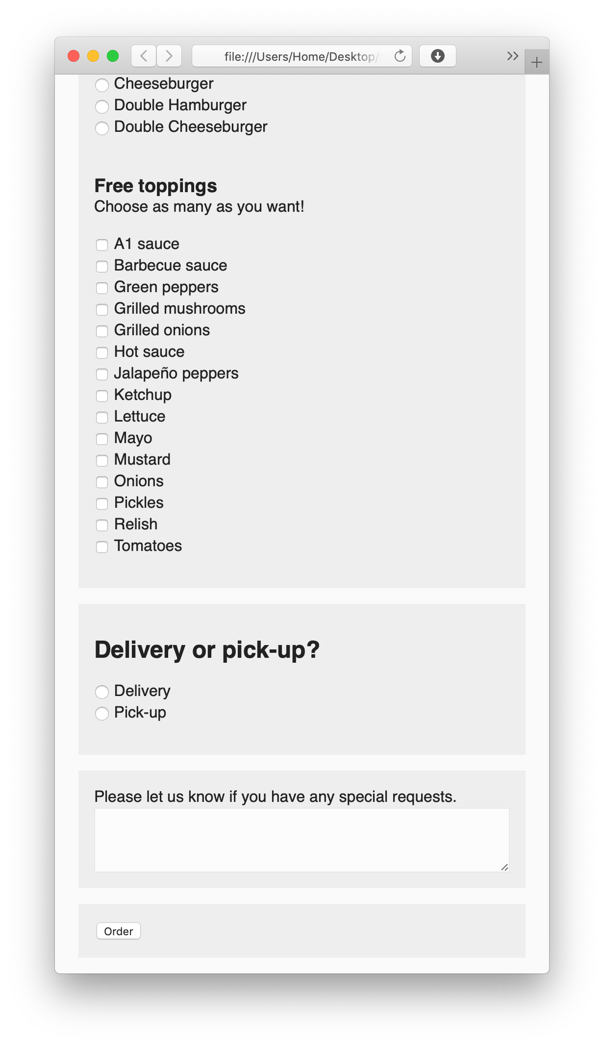 Webpage with a form to order a burger, bottom of mobile view.
