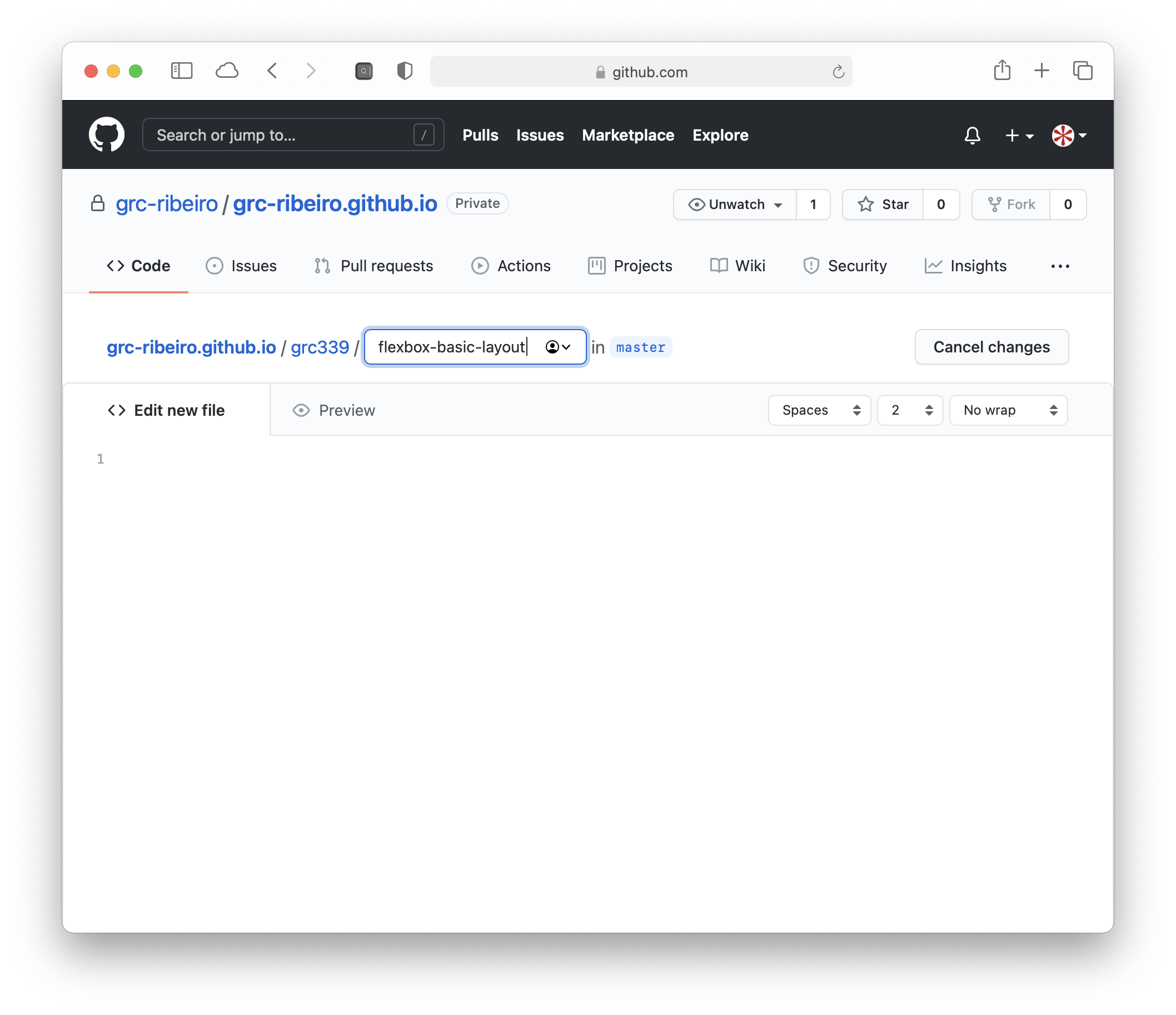 GitHub repository with flexbox-basic-layout file being created.