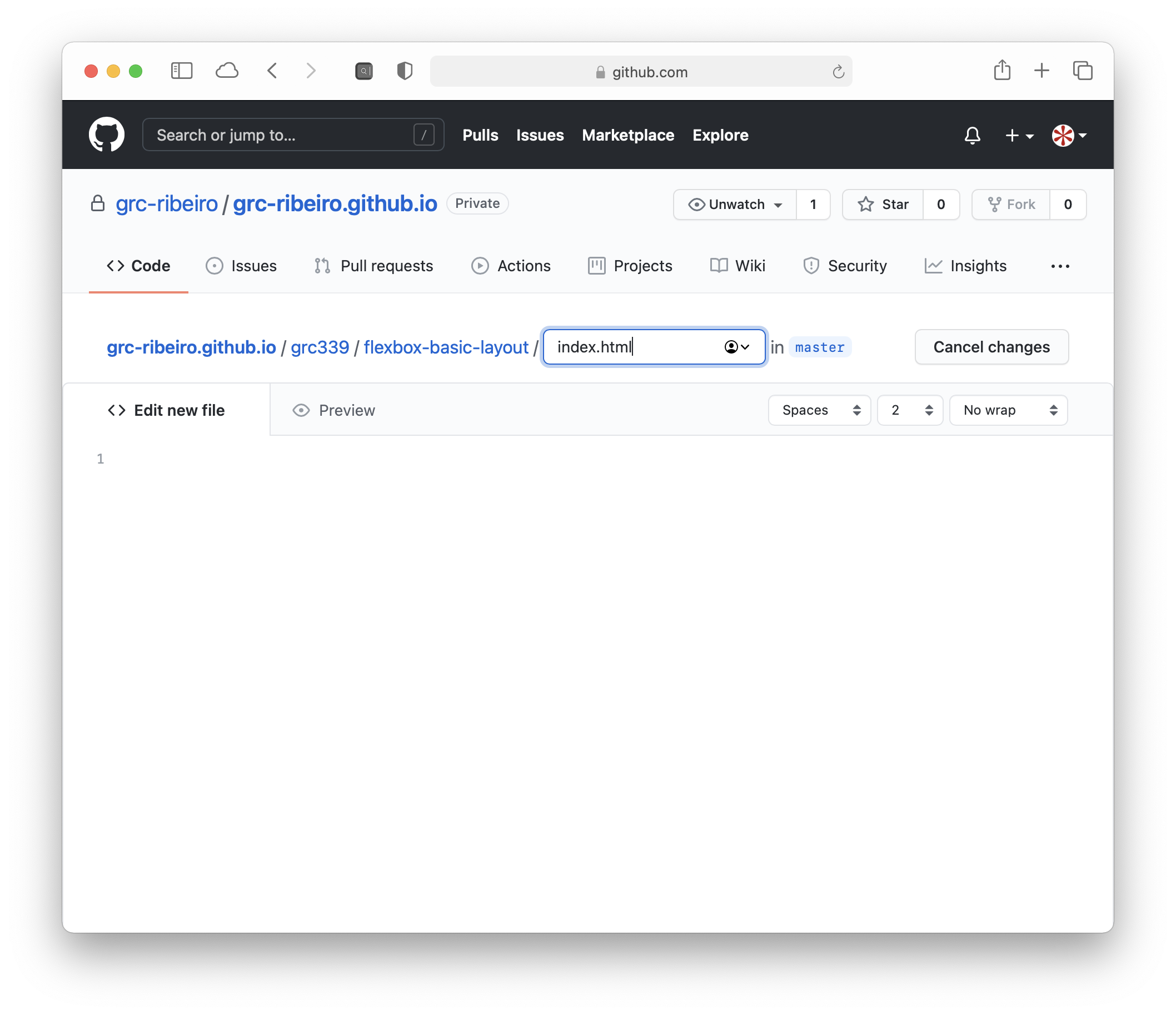 GitHub repository with flexbox-basic-layout file/index.html being created.