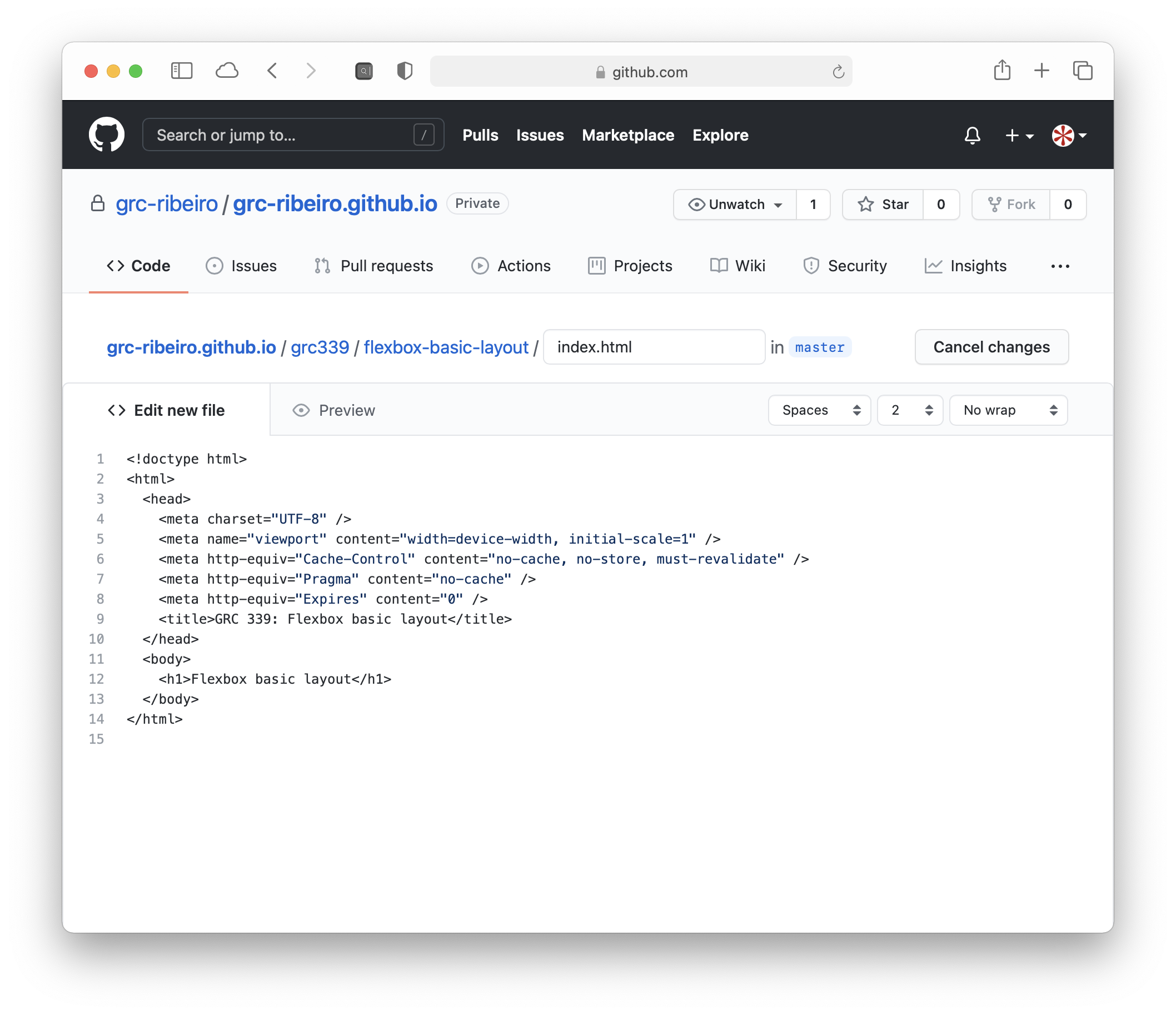 GitHub repository with the&nbsp;placeholder text in&nbsp;the code area.