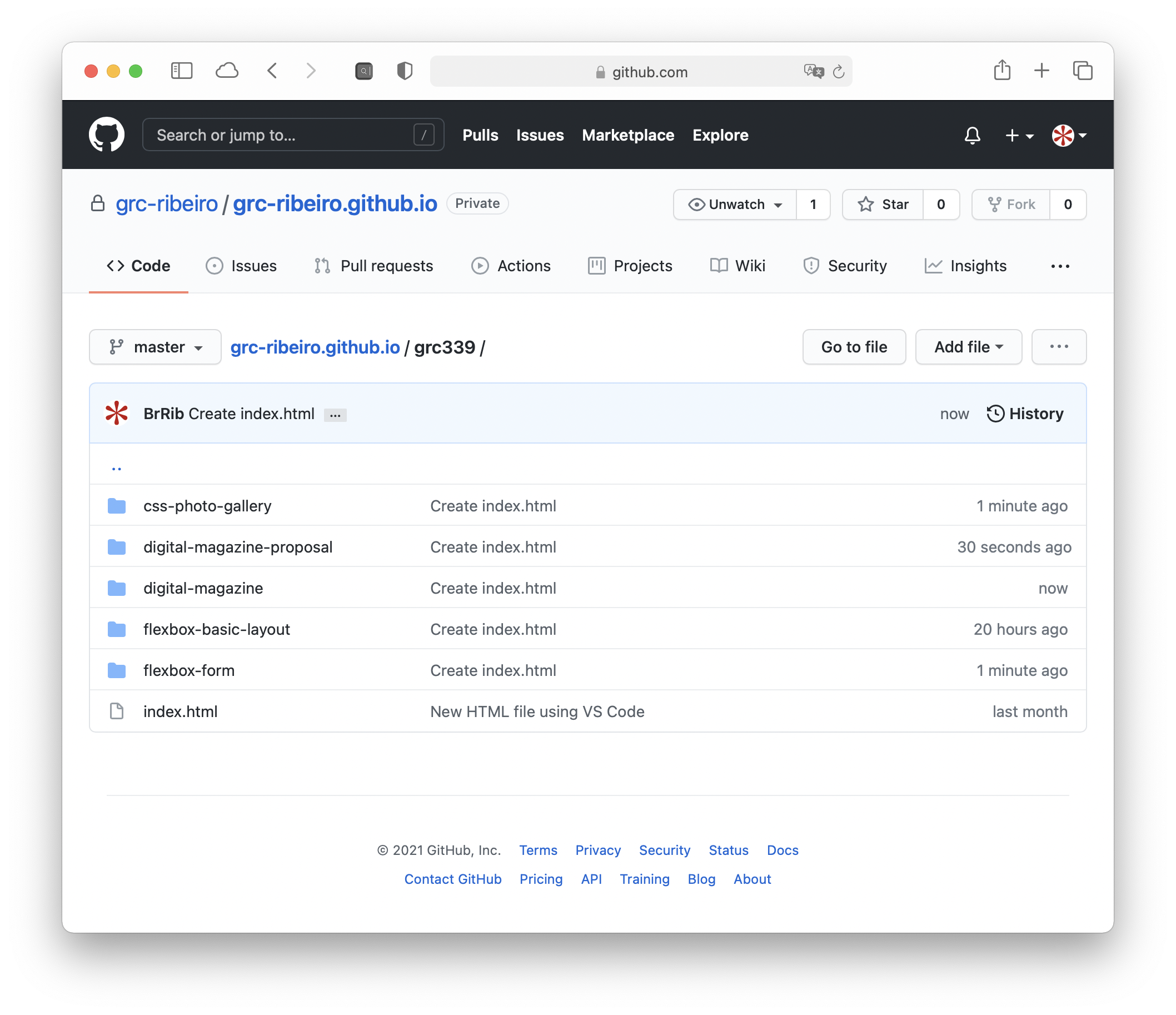 GitHub repository with five folders inside the&nbsp;grc339 folder.