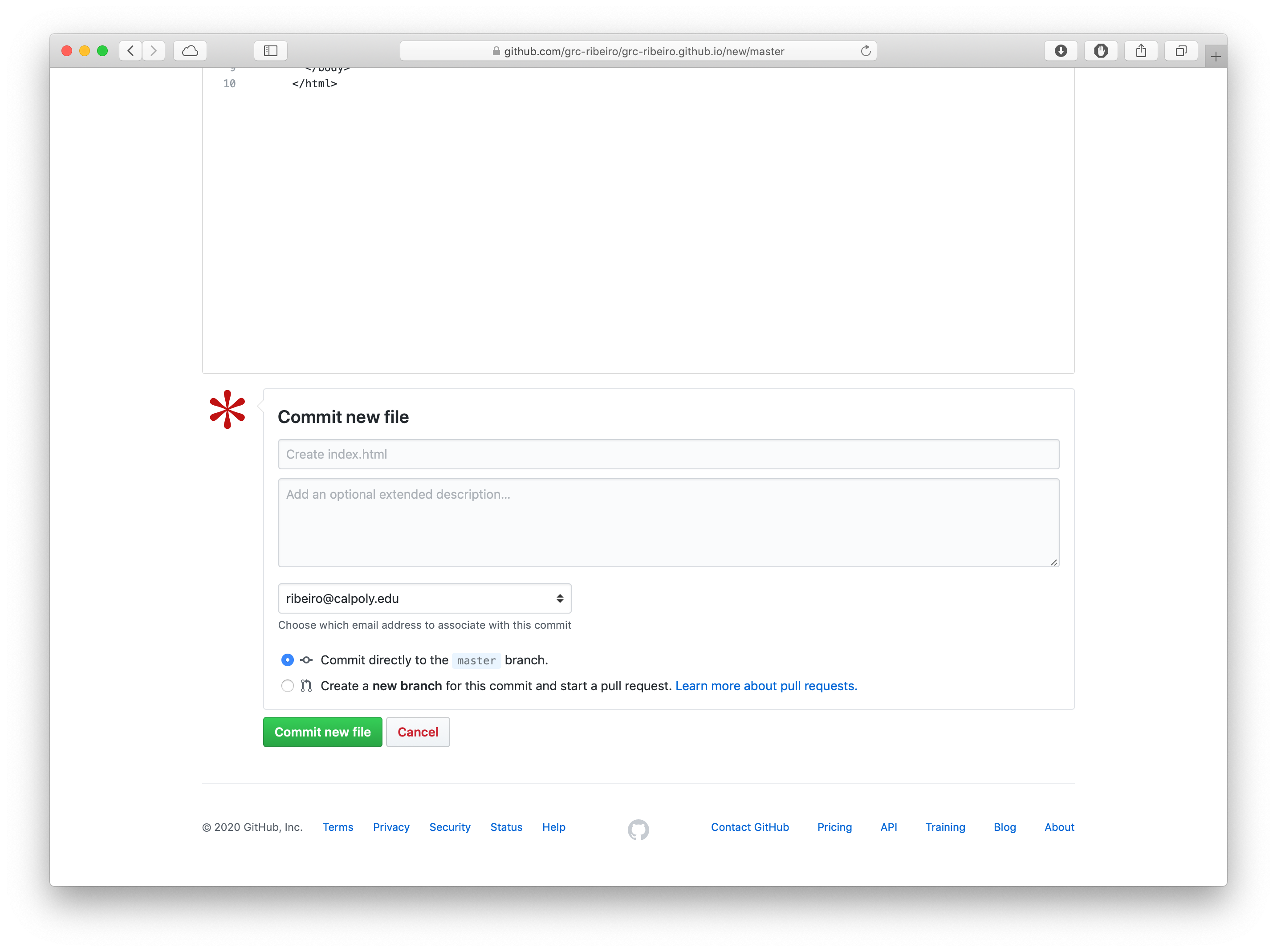 A green button reads “Commit new file”