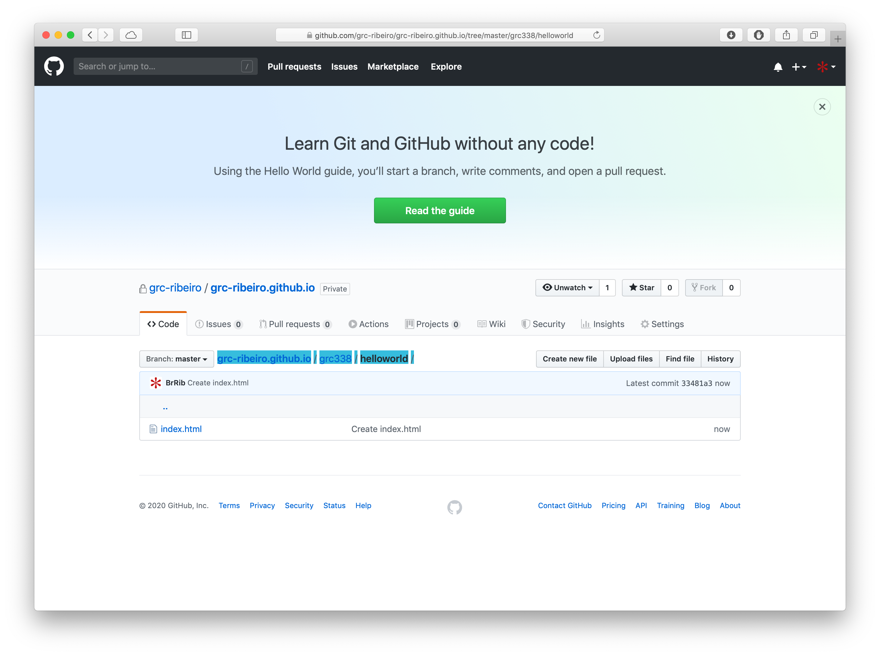 The URL “grc-ribeiro.github.io/grc338/helloworld/” is selected.