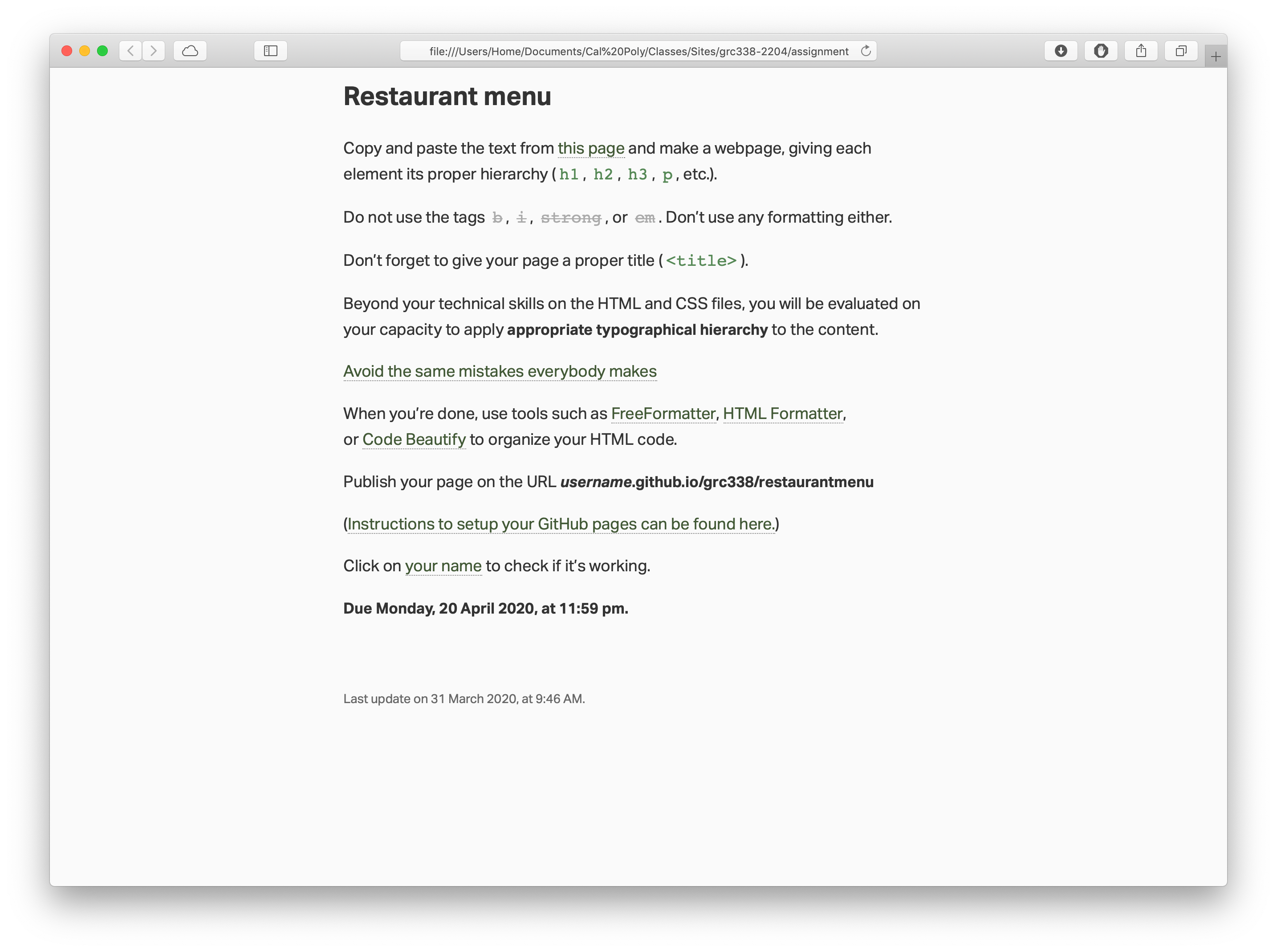 Assignment instructions for the “Restaurant menu” assignment.