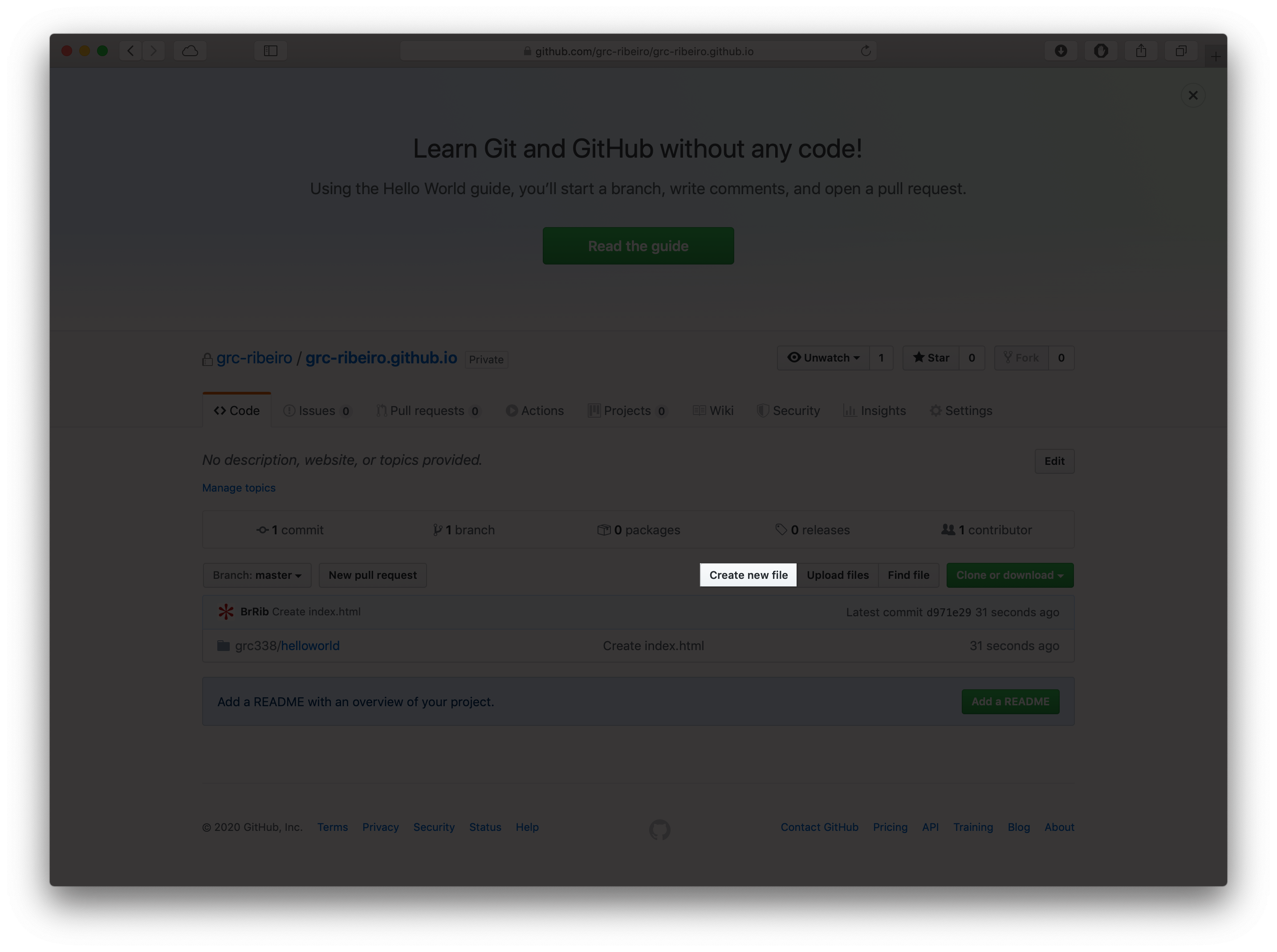 Dimmed GitHub page for the root for “grc-ribeiro.github.io” with the words “Create new file” highlighted.