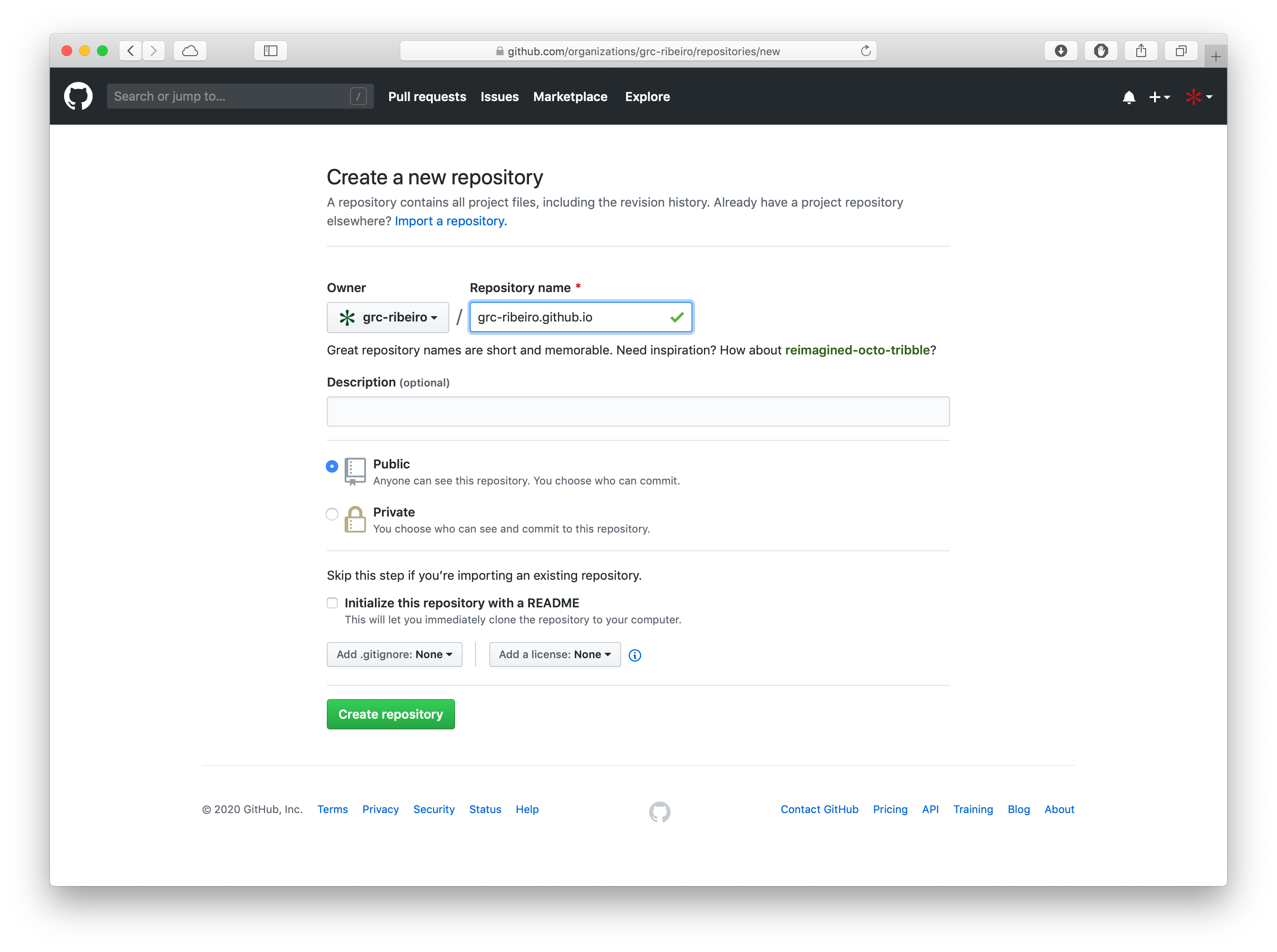 Owner is grc-ribeiro and a new repository is named “grc-ribeiro.hithub.com”.