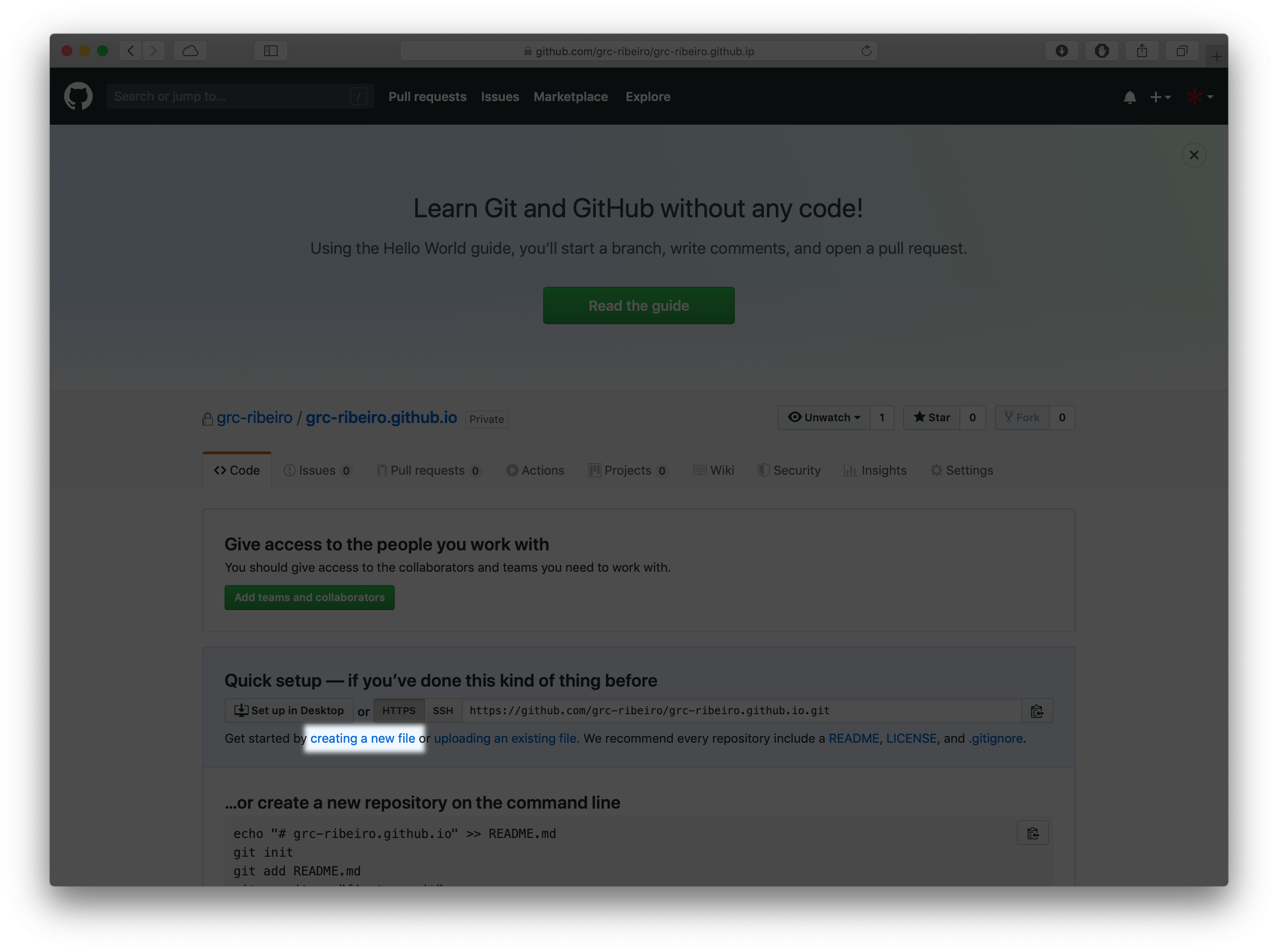 Dimmed screen with only the “creating a new file” words being highlighted.
