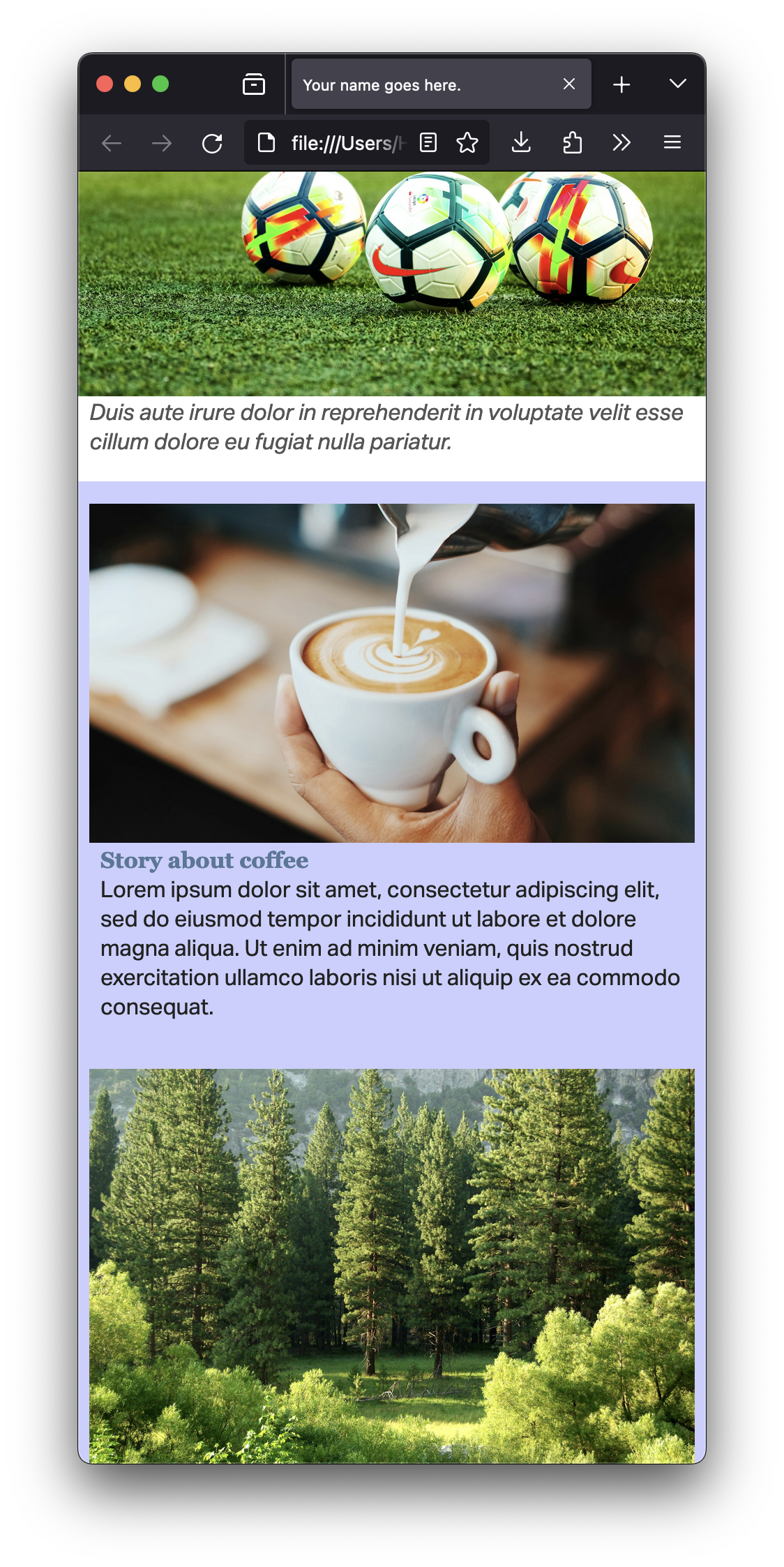 Screenshot of a placeholder story page on a generic news website on a narrow browser window.