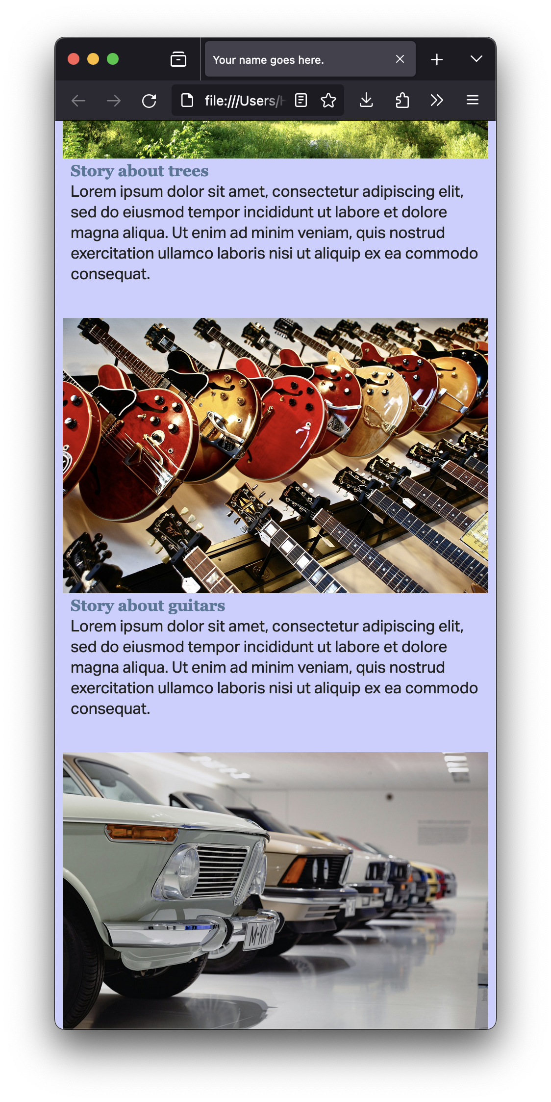 Screenshot of a placeholder story page on a generic news website on a narrow browser window.