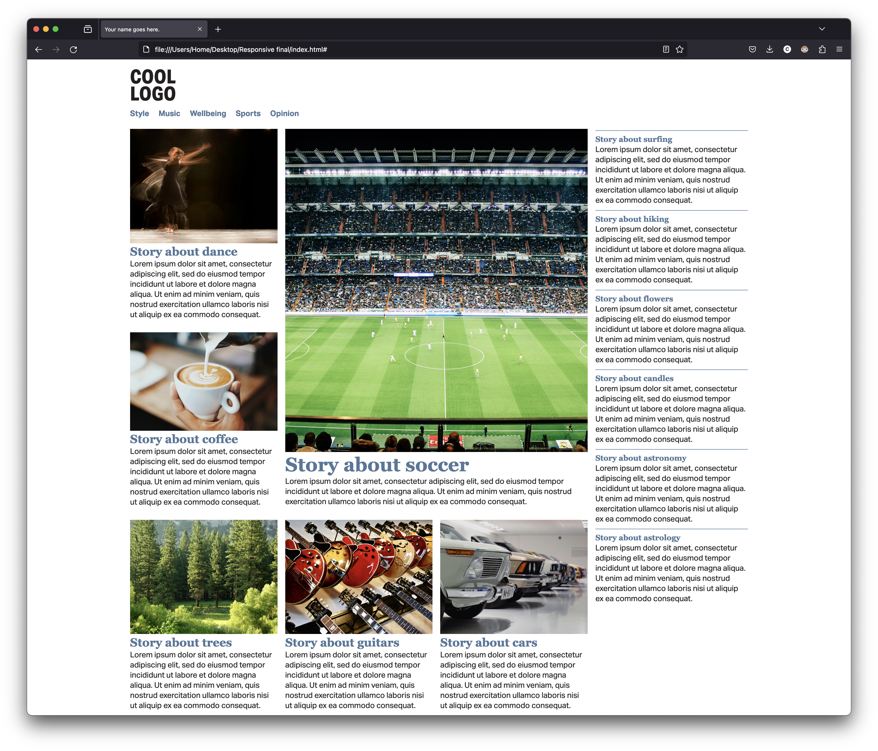 Screenshot of the home page of a generic news website on a narrow browser window.
