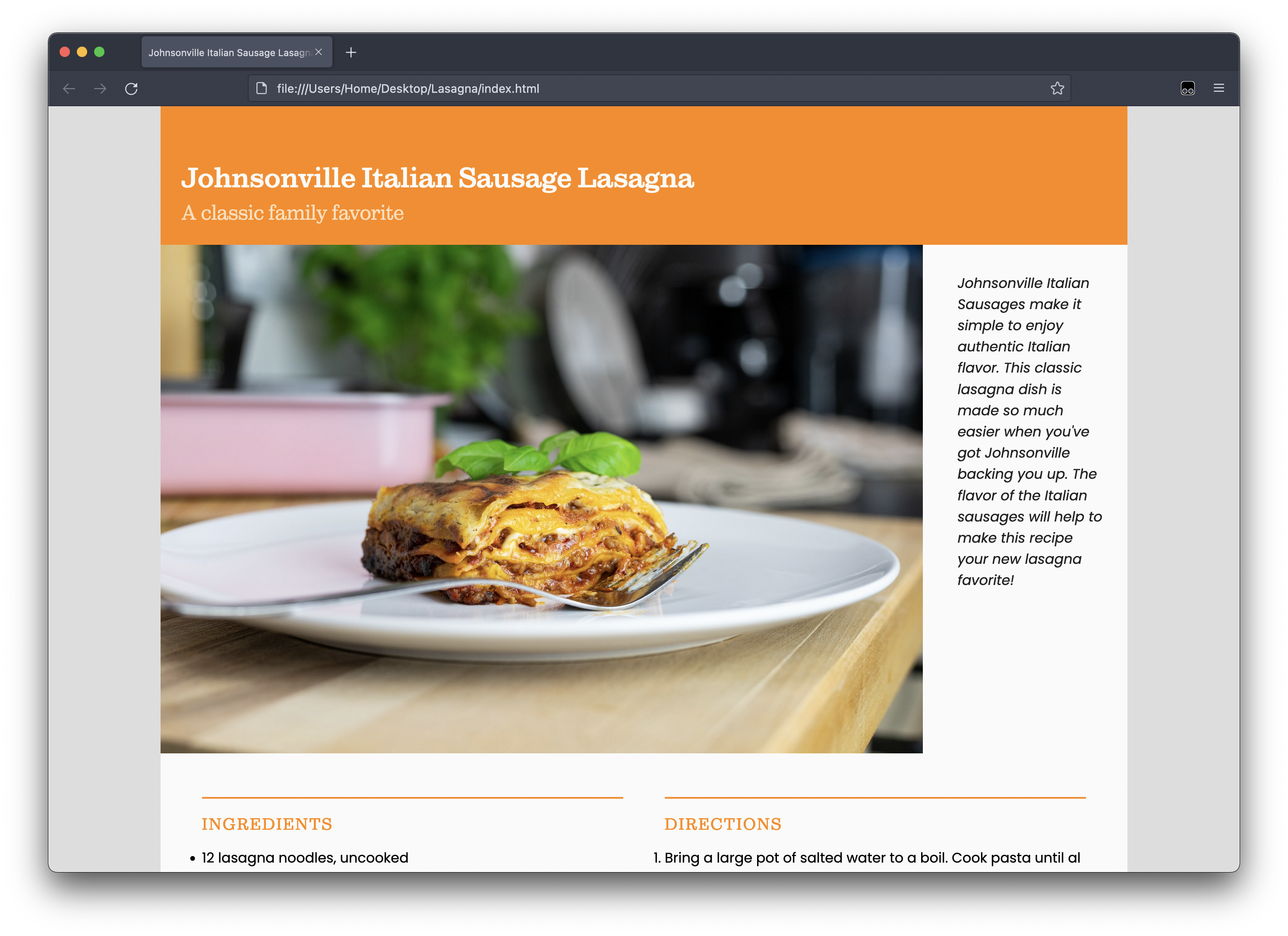 Screenshot of a lasagna recipe on a narrow broser window.