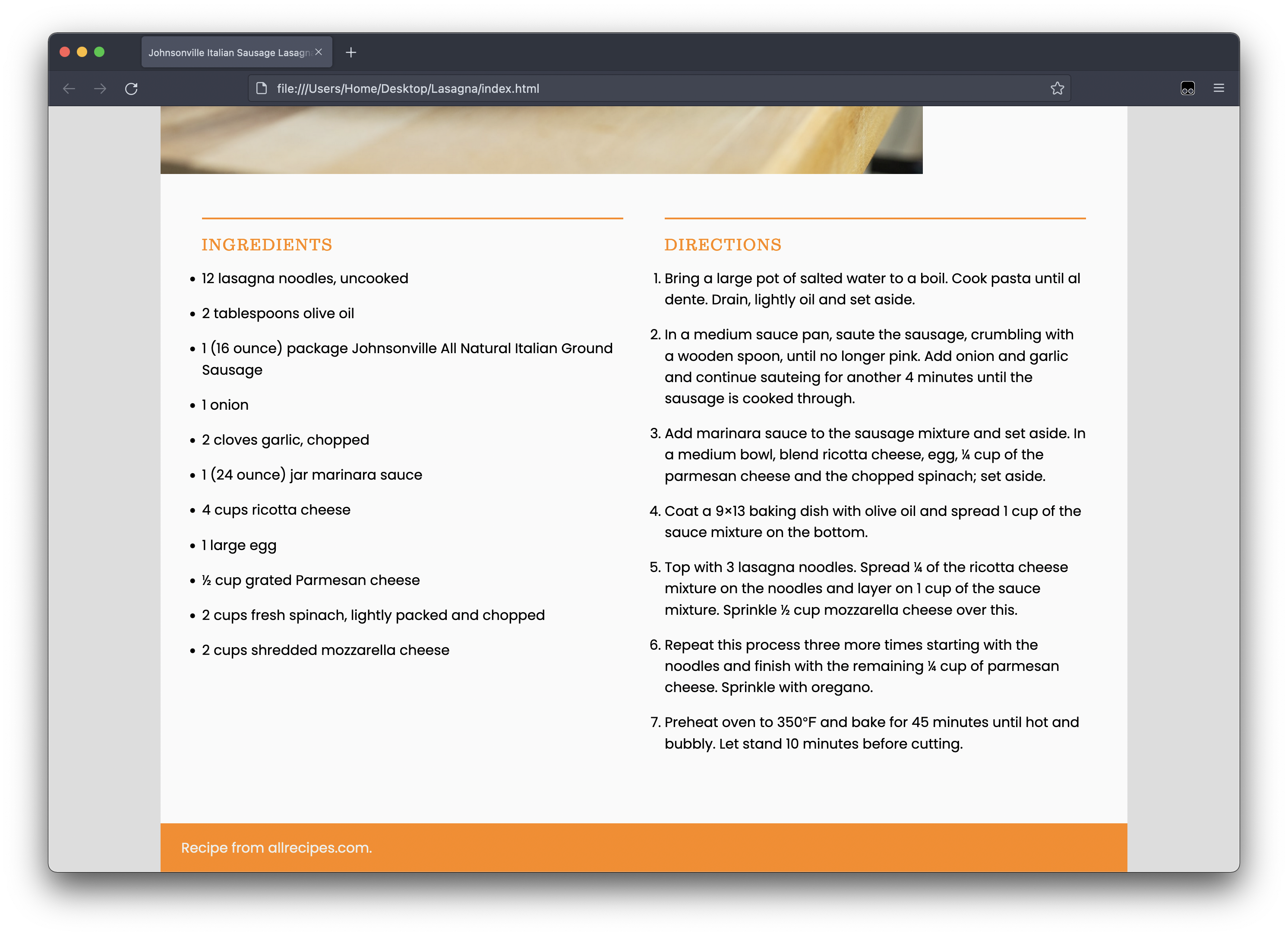 Screenshot of a lasagna recipe on a narrow broser window.