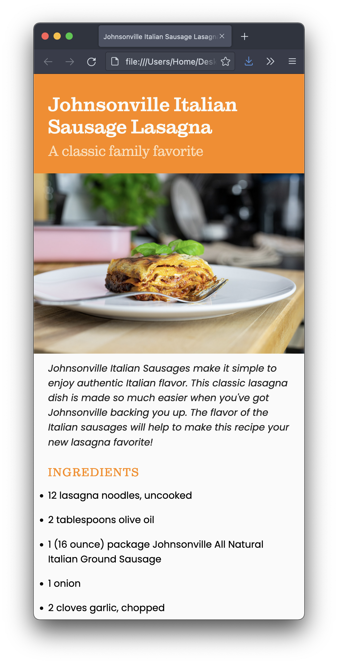 Screenshot of a lasagna recipe on a narrow broser window.
