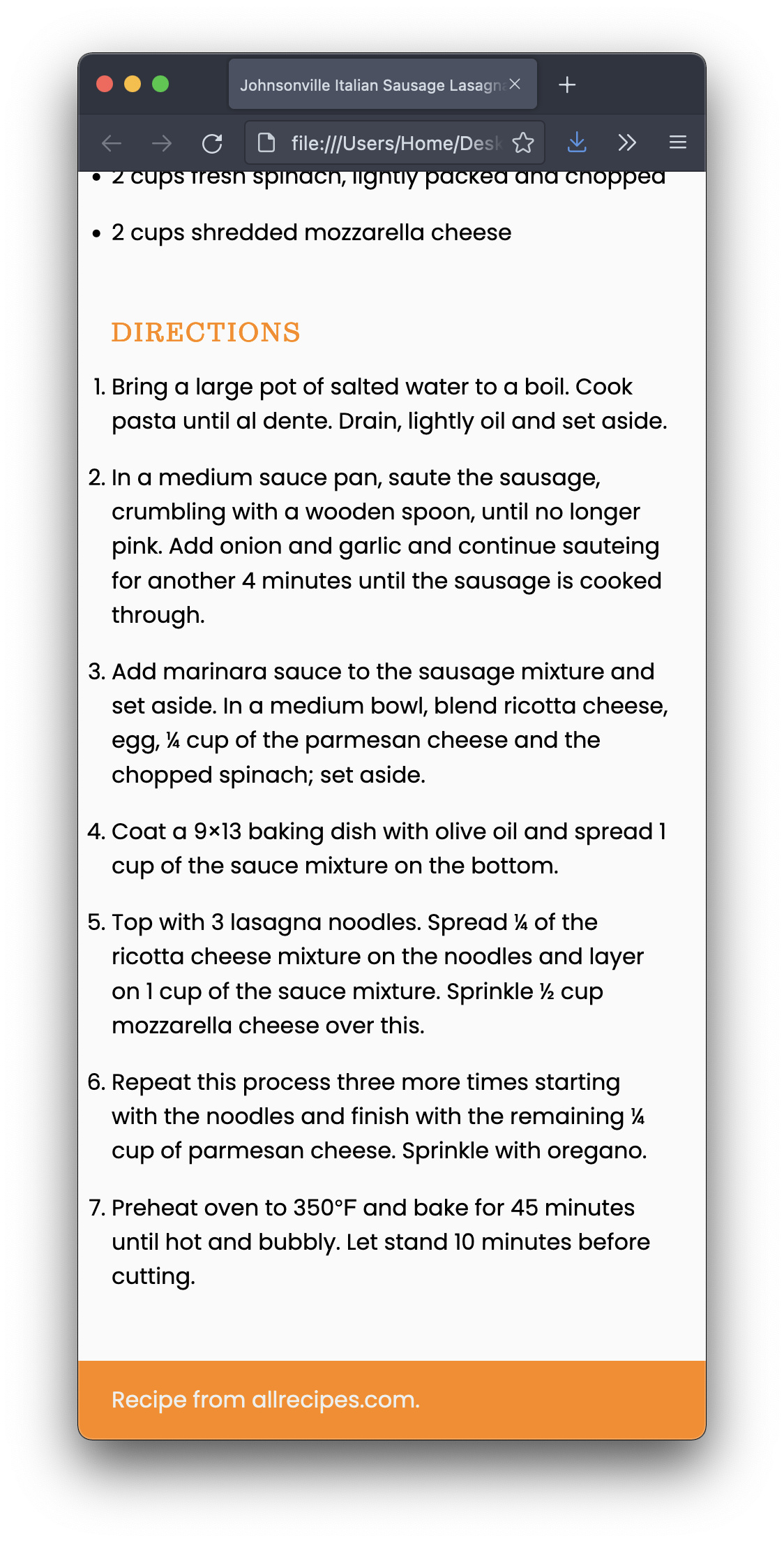 Screenshot of a lasagna recipe on a narrow broser window.