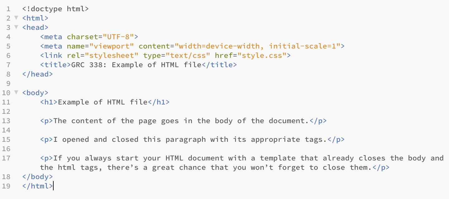 Example of HTML code with all the content in the body. The title tag is in the head of the document, but the h1 tag is in its body.