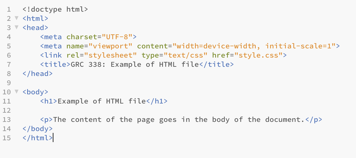 Example of HTML code with a proper title tag, that reads “GRB 338: Example of HTML file”.